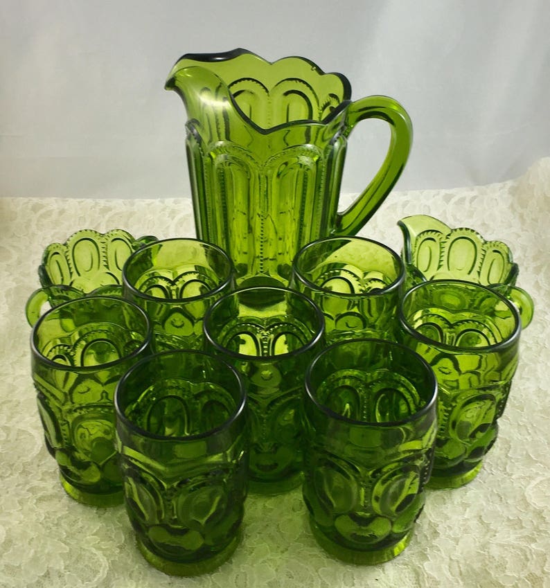 Vintage Forest Green Depression Glassware Pitcher 8 Glasses | Etsy