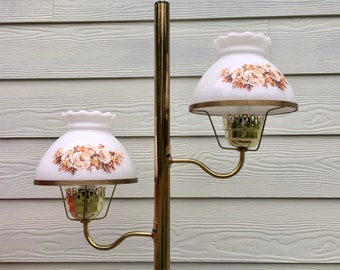 Vintage 3 Way Light—Tension Pole Lamp With Scalloped Top Milk Glass Lampshades—Mid Century Retro Floral Designed Lighting — FREE SHIPPING