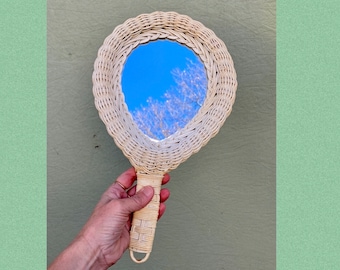 Vintage Handheld Mirror — White Wicker Hand Mirror