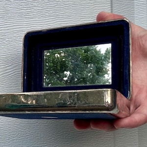 Vintage Silver Plated Rectangular Mirrored Hinged Lid Jewelry Box With Blue Velvet Lining