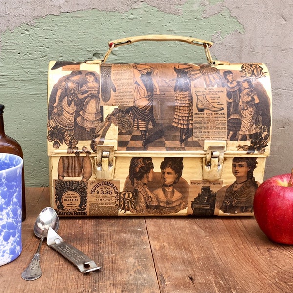 Vintage Lunchbox — Antique OOAK Aluminum Lunch Pail — Mixed Media Art/Decoupage Collage With Old Newspaper Clippings — FREE SHIPPING