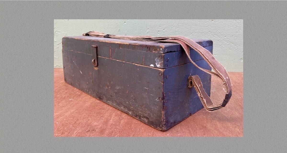 Vintage Gray Wooden Toolbox - Canvas Strap Industrial Chest