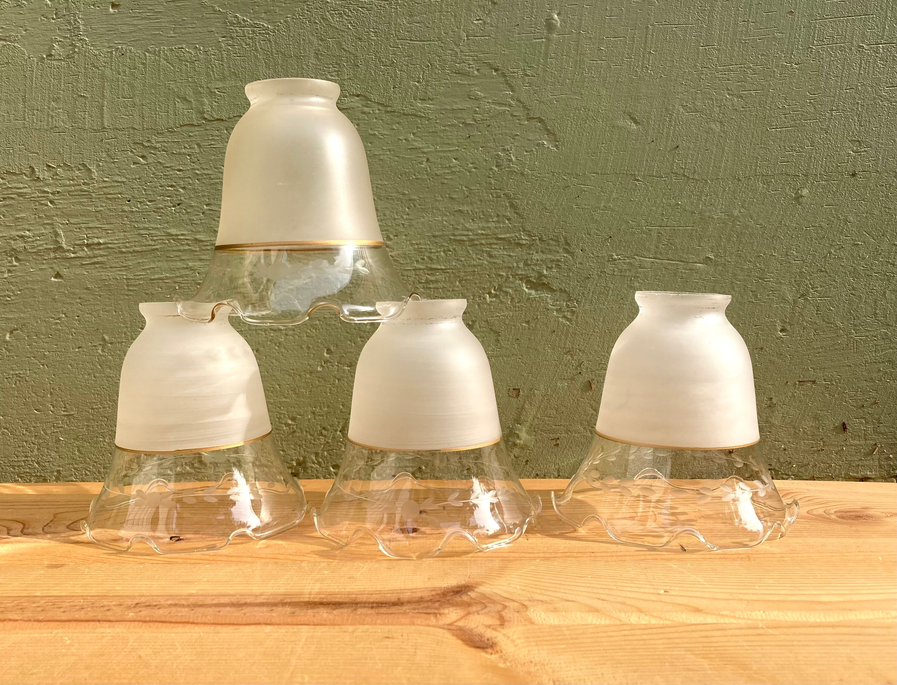 4 Vintage Ruffled fluted Clear and Frosted Glass Shades With Gold