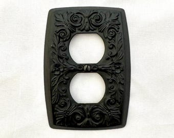Vintage Metal Outlet Cover — Floral Bronze Toned Receptacle Cover  — 1970s Restoration Hardware