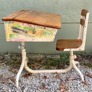 Antique School Desk —Industrial Child’s Desk and Chair — Metal and Wood — Vintage School Desk with Graffiti — Photo Prop