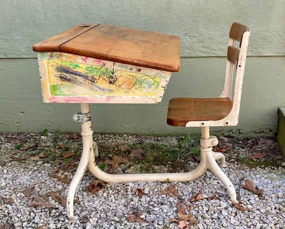 LOCAL PICK UP only!!! Vintage Industrial Child's School Desk — Metal & Wood, Graffiti Art, Photo Prop