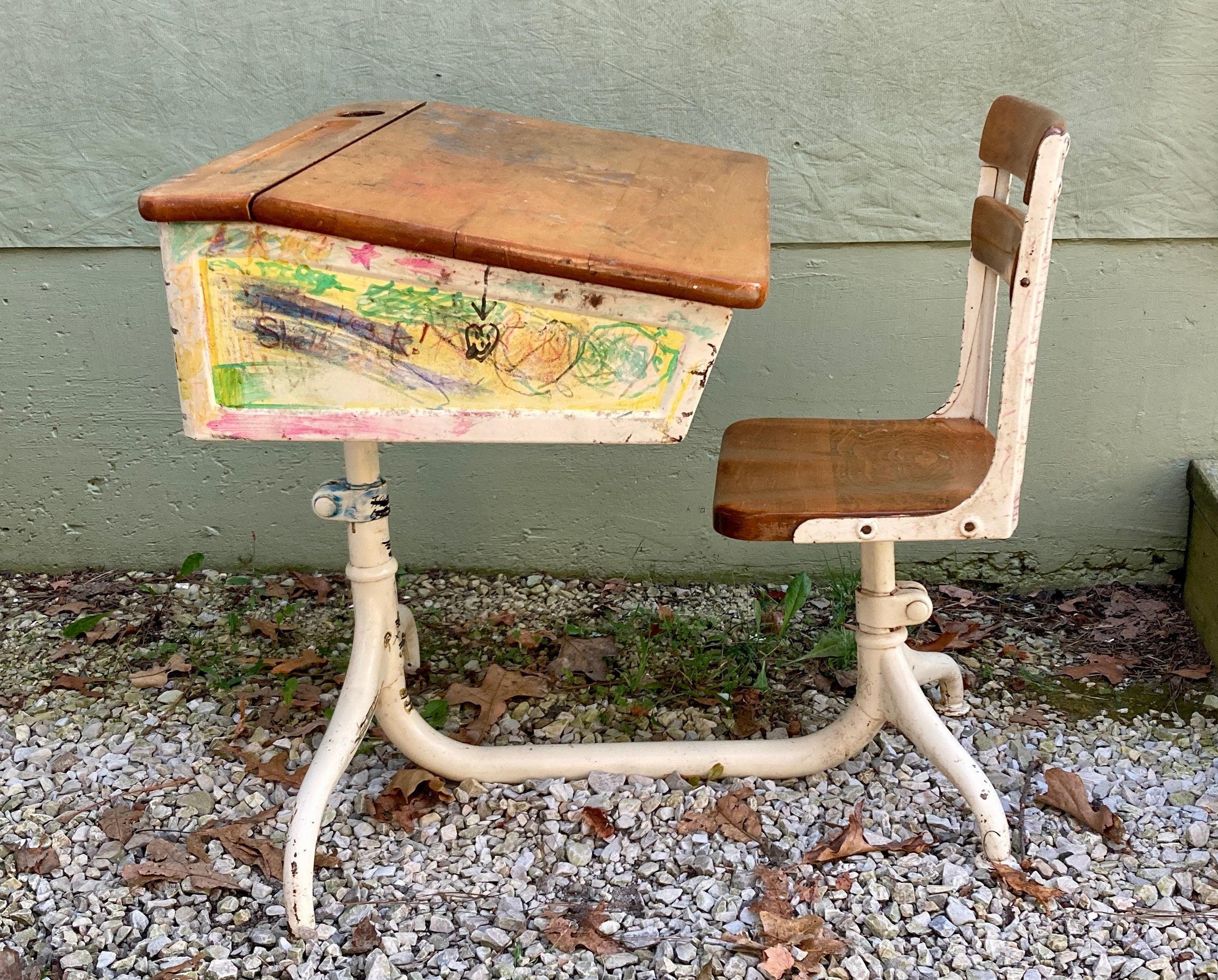 Vintage Industrial Child's School Desk - Metal & Wood, Graffiti