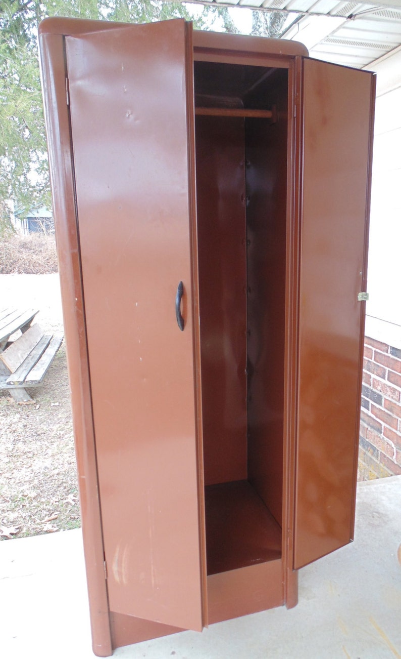 Antique 50s Brown Metal Wardrobe With Rounded Corners Vintage Etsy