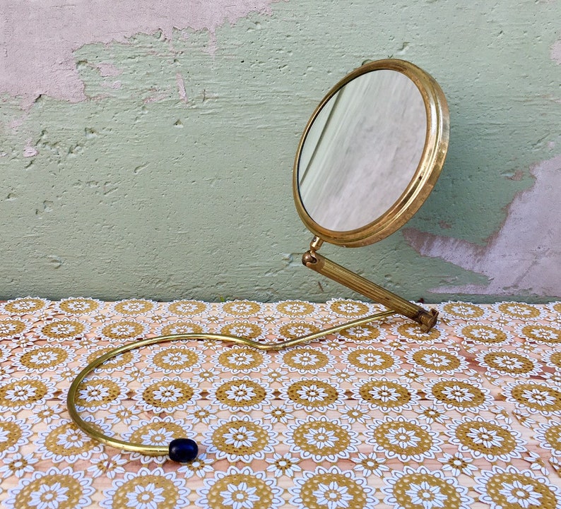 Antique Brass Neck Mount Two Sided Swivel Magnifying Mirror Retro Vanity Small Makeup Mid Century Round Table