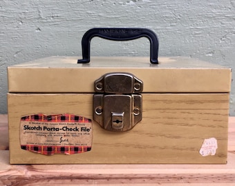 Rustic Industrial Stash Box — Faux Wood Grain Metal Case — Vintage Cancelled Checks Organize
