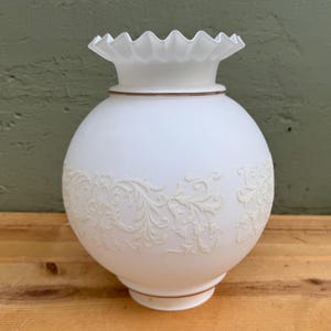 Antique Frosted Glass Lamp Shade — Vintage French Swag Light Cover — Ruffled Edge Embossed Floral Pattern Replacement Globe