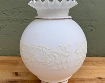 Vintage French Frosted Glass Lamp Shade – Embossed Floral, Ruffled Edge
