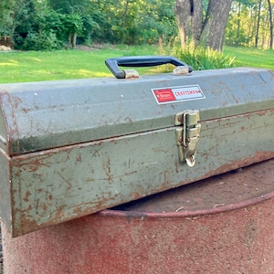 Antique Metal Tool Box — Lockable Rustic Toolbox — Vintage Industrial Tote — Sears Craftsman Case