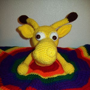 Stuffed Giraffe with attached Round Rainbow Lovey Security Blanket - Handmade/Hand Crocheted