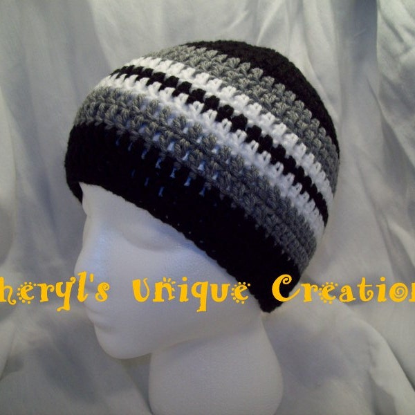 Oakland Team Colors - Black, Silver, and White - Hand Crocheted Scarf, Beanie or Headband - Preemie to Adult Larges Sizes Available