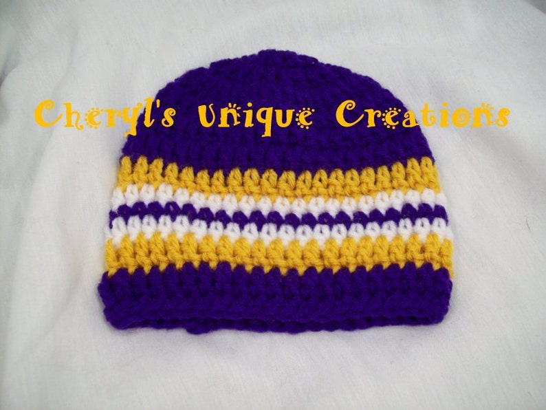 Preemie to Adult Larges Sizes Available Hand Crocheted Scarf and White Gold Beanie or Headband Louisiana Team Colors Purple