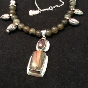 19.5 or 23&quot; Labradorite & Pink Tourmaline Pendant Necklace. Hinged, Sterling and Coin Silver, tiny Buddha amulet, free US ship 139.00 ea