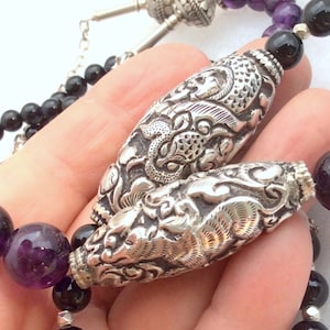 Repousse & Chased Sterling Silver Necklace.  22" Azurite w/ Eagle, 24" Black Onyx and Dragon or 28" Amethyst and Tiger. free US ship SALE