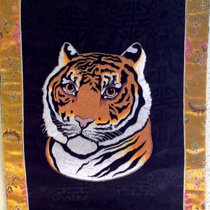 Large Tiger Wall Hanging Embroidered on Black brocade w/ Gold Brocade Border. Beaded edging.