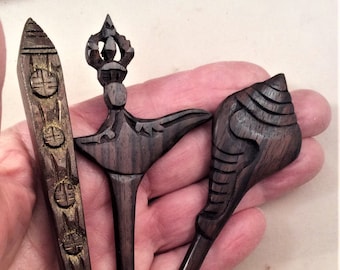 SALE  2 for 1. Hand Carved Ebony Wood Hair Stick, Fork,  Shawl Pin. 8 to choose from! Elephant, Knife, shell, more Buy one, get one free.
