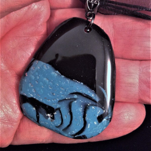 Blue, Black, Silver leaf Pendant Necklace or Earrings. Polymer Art Clay. Star, Triangle, Free form