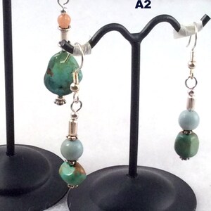 choice of 8 Tibetan Turquoise Drop Earrings.  Sterling Silver. Yellow, Red, Green. w/ Horn, Bone, Moonstone, and more.  free US ship.