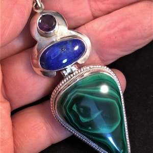 choice of 8 Green Malachite Hinged Pendant. Sterling Silver.  with Blue Lapis or other semi-precious  Free US ship