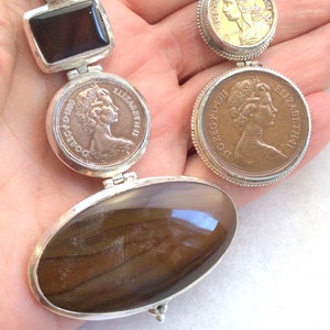 Old English or French Coin Necklace. Hinged Sterling Silver. 25&quot; 1980 Fancy Brown Agate or 18&quot; 1971 Double Coin free US ship.