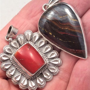 choice of 5 Green Jasper, Tiger Iron or Red Coral Pendant. Sterling Silver, free US ship