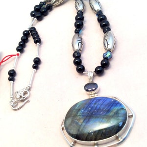 27" Long Amazing Labradorite Pendant Necklace. Iolite, Sterling Silver, Black Onyx, tiny Buddha amulet. free US ship 249.00