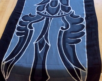Tibetan Buddhist Sacred Dorje Handpainted on Table Runner or Wall Hanging. Sign of Skillful Compassion. Black, White and Grey