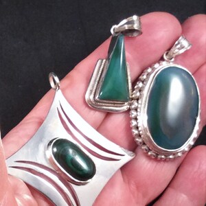 choice of 12 Green Onyx or Malachite Pendant. Sterling Silver,  free US ship