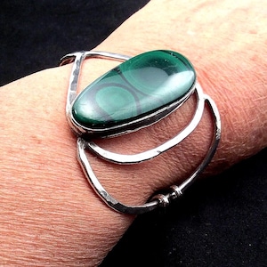 Large Green Malachite Vintage Bracelet. Sterling Silver. Clasp Style. Artist Made. free US ship. 159.00