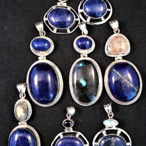 choice of 8 Blue Lapis Hinged Pendant. Sterling Silver w/ Rainbow Moonstone, Garnet or Rutilated Quartz. Energy Stone, free US ship
