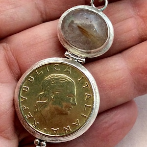 15&quot; 1979 Italian 200 lira or Sacagawea Dollar Coin Pendant Necklace. Sterling Silver, Hinged, tiny Buddha amulet, free US ship. 139.00 ea