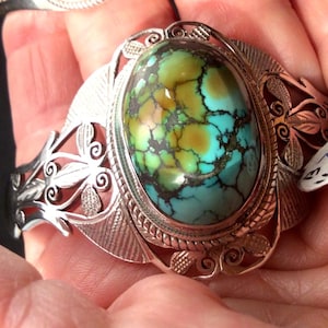 Extraordinary Tibetan Turquoise  Large Bracelet. Sterling Silver, Filigree. Cuff Style. free US ship