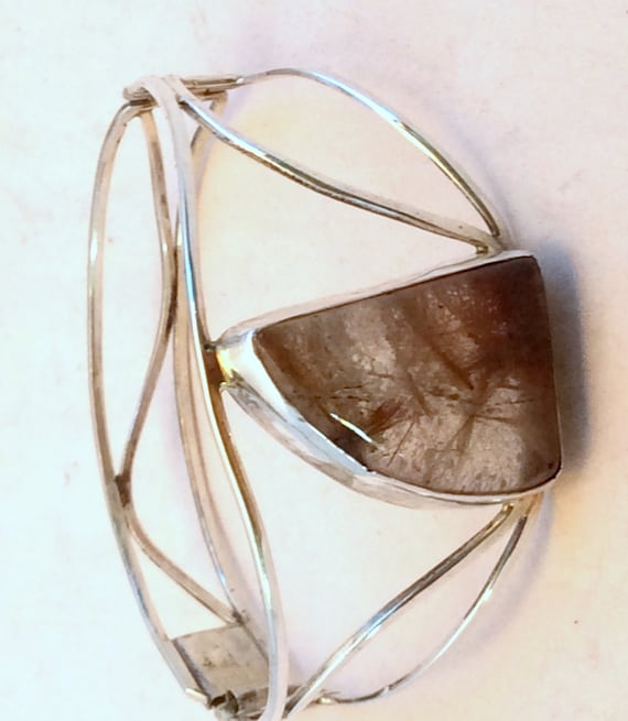 Gorgeous Large Healing Energy Stone & Sterling Silver Clasp Bracelet. Rutilated Quartz. Openwork Curve Design,Comfy FIt. free US ship