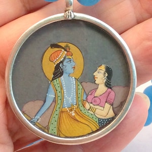 18&quot; Hindu Deity Miniature Painting Radha & Krishna Flute Pendant Necklace.  Pink Blue Matte Resin, Sterling Silver. .free US ship 139.00