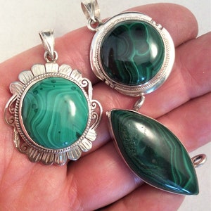 choice of 16 Green Malachite Pendant, Square, Teardrop or Oval  Filigree or Plain Sterling Silver. free US ship