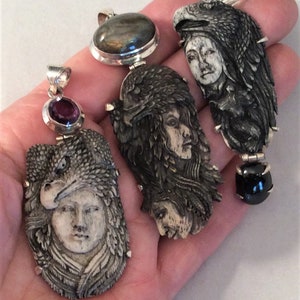 choice of 4 Cameo Lady, Eagle or Hawk Pendant. Native Am Look, Carved Bone w/ Labradorite, Hawk Eye, Amethyst Lapis St. Silver free US ship