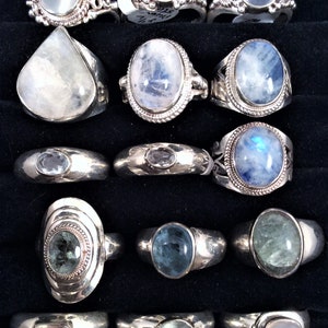 choice of 5 sz 8 Sterling Silver Ring. Rainbow Moonstone or Aquamarine. free US ship.