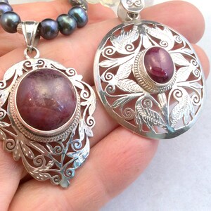 18 or 24&quot; Star Ruby or Sapphire Pendant Necklace. Lacy Filigree Sterling Silver, Teardrop. tiny Buddha amulet, free US ship