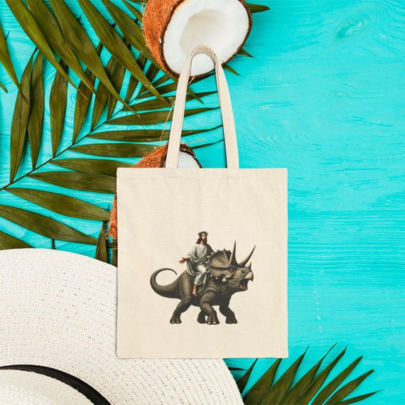 Fun Canvas Tote Bag Jurassic Boho Tote Bag Jesus Riding Triceratops Shoulder Bag Satiric Purse Religious Design Sarcastic Cute Tote Bag Etsy