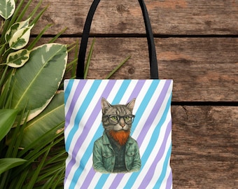 Hipster Cat tote bag -  Kitty Tote bag - Boho Cat purse hipster print