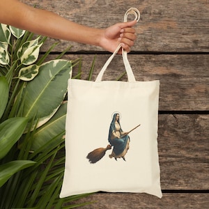Satirische Einkaufstasche Jungfrau Maria Hexenbesen süße Einkaufstasche religiöse Schultertasche sarkastische Premium-Geldbeutel ungewöhnlich
