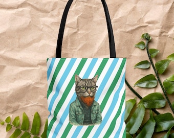 Hipster Cat Tote bag -  Funny Cat tote bag - Boho Kitty purse hipster print