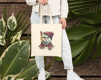 Hipster Cat Tote bag - Funny Cat tote bag - Boho Kitty purse hipster print