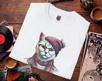 Hipster Cat Tee Shirt - Stylish Cat Art Design - Trendy Cat Graphic Tee