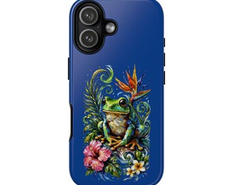 May include: A dark blue smartphone case featuring a vibrant, painterly illustration of a green frog perched among tropical foliage, including a bright pink hibiscus flower, a bird of paradise, and small white blossoms with yellow centers.