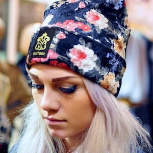 Handmade Floral print winter velvet Beanie hat